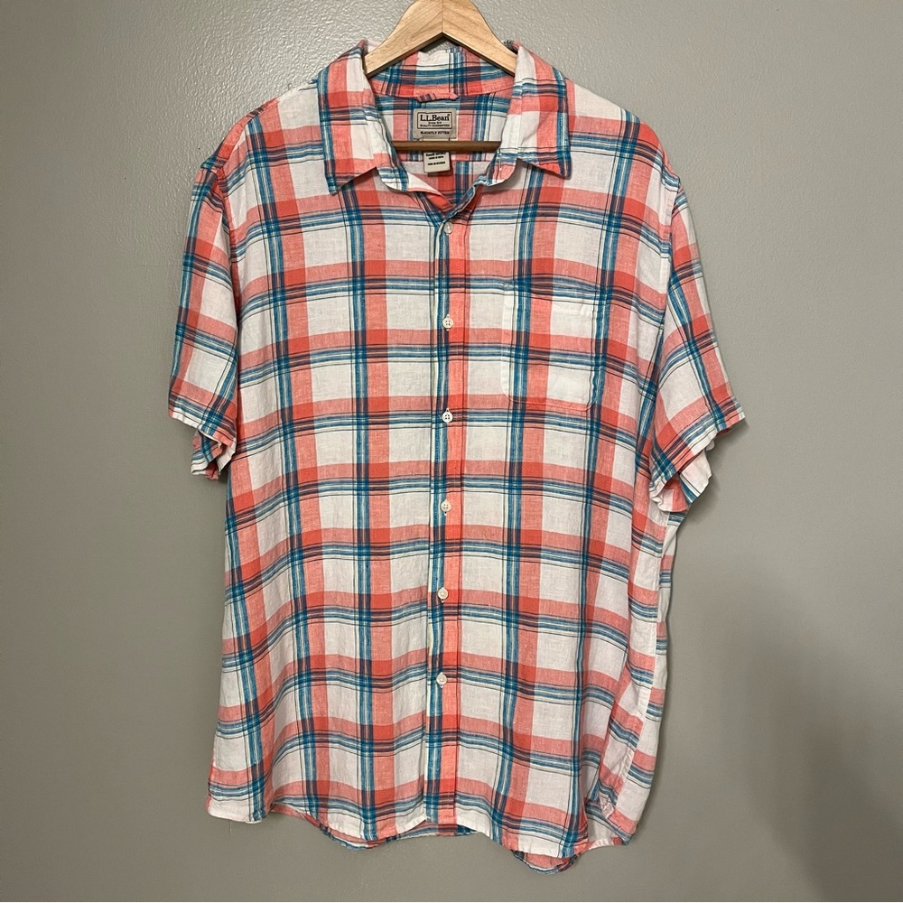LL Bean Mens Colorful Plaid 100% Linen Short Sleeve Casual Button Front Shirt XL